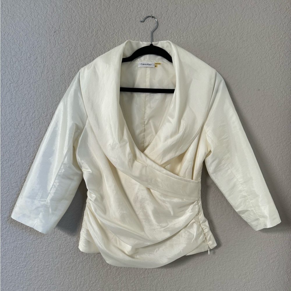 Kalvin Klein Women's V Neck Blouse Zipper 3/4 Sleeve Beige Bohemia Size M